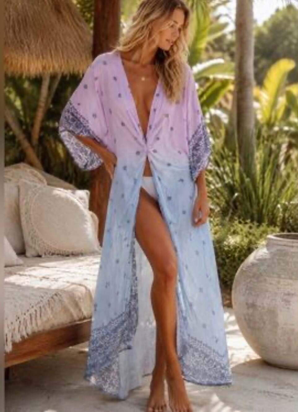 Surf Gypsy Pink and Blue Ombre Paisley Long Kimono Cover-Up